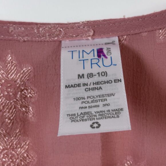 Time & Tru Pink Floral Laced Tie Front Long Lined Duster Kimono Cover Up Sz M - Picture 5 of 8